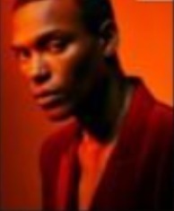Portrait in a red suit against a burnt-orange backdrop
